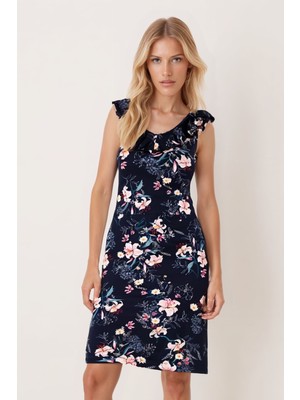 Armonika Kadın Lacivert V Yaka Yakası Fırfırlı Kolsuz Elbise ARM-25Y001098