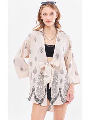 Armonika Kadın Gri Desenli Keten Görünümlü Eteği Sulu Önden Bağlamalı Kimono Gömlek ARM-24Y001092