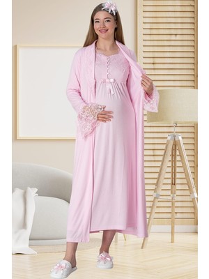 Mecit Pijama Mecit 5417 Pembe Uzun Sabahlıklı Lohusa Gecelik Takımı