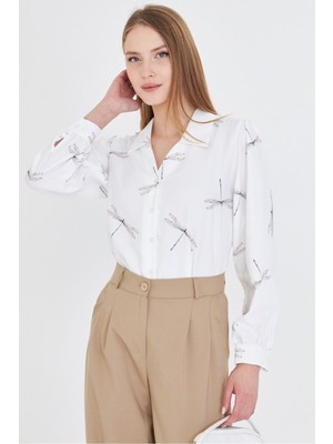 Armonika Kadın Gri V Yaka Balon Kol Desenli Gömlek ARM-25Y001016