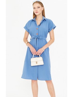 Armonika Kadın Indigo Beli Kemerli Kısa Kol Gömlek Elbise ARM-25Y001065