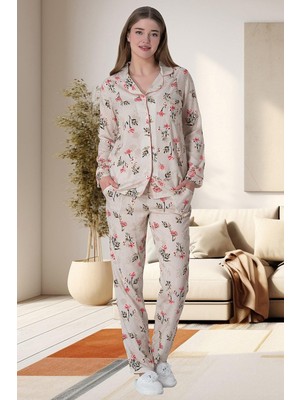 Mecit Pijama Mecit 6023 Pudra Büyük Beden Boydan Düğmeli Kadın Pijama Takımı