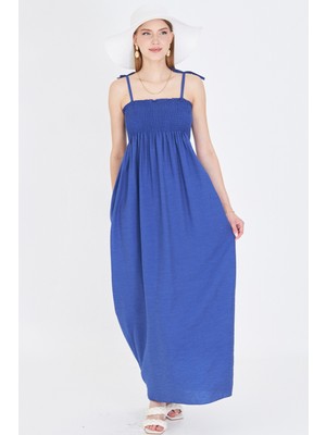 Armonika Kadın Saks Askıları Bağcıklı Göğsü Gipe Lastikli Uzun Elbise ARM-25Y001069