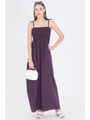 Armonika Kadın Mor Askıları Bağcıklı Göğsü Gipe Lastikli Uzun Elbise ARM-25Y001069
