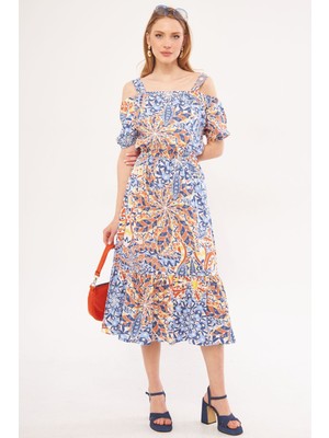 Armonika Kadın Indigo Kareli Çiçek Desenli Askılı Beli Lastikli Elbise ARM-21K001202