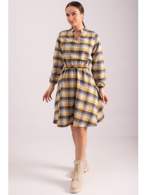 Armonika Kadın Sarı V Yaka Beli Lastikli Ekose Desen Kloş Elbise ARM-24K001041