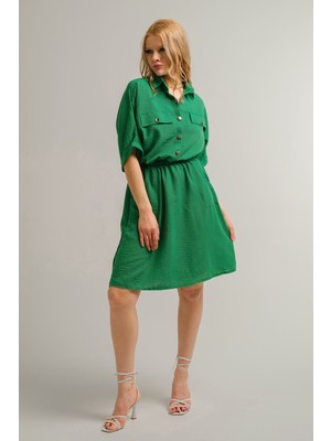 Armonika Kadın Yeşil Yarasa Kol Cepli Beli Lastikli Elbise ARM-23Y001076