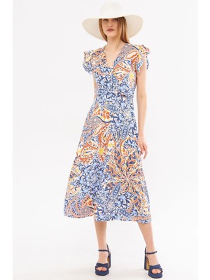 Armonika Kadın Kiremit Kruvaze Yaka Omuzu Fırfır Detaylı Beli Lastikli Midi Boy Elbise ARM-24Y001020