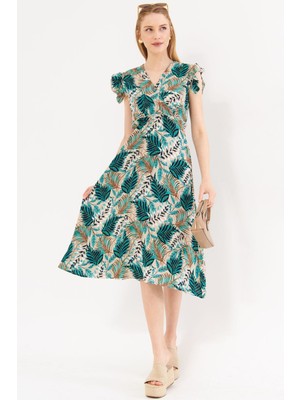 Armonika Kadın Yeşil Kruvaze Yaka Omuzu Fırfır Detaylı Beli Lastikli Midi Boy Elbise ARM-24Y001020