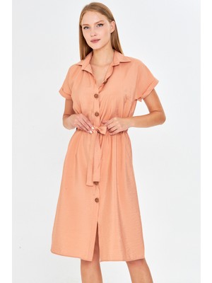 Armonika Kadın Yavruağzı Beli Kemerli Kısa Kol Gömlek Elbise ARM-25Y001065