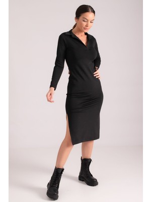 Armonika Kadın Siyah Vücuda Oturan Gömlek Yaka Yanı Yırtmaçlı Uzun Elbise ARM-24K001074