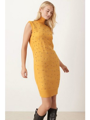 Armonika Kadın Sarı Önü Boncuklu Kolsuz Triko Elbise ARM-26K136034