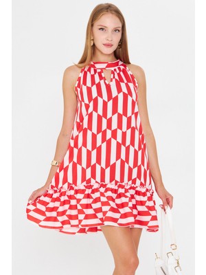 Armonika Kadın Kırmızı Boyundan Bağlamalı Etek Ucu Fırfırlı Mini Elbise ARM-25Y001097