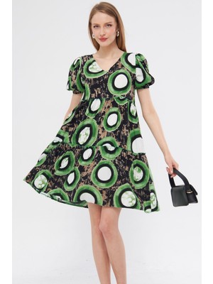 Armonika Kadın Fıstık Yeşili V Yaka Kısa Kol Desenli Fırfırlı Elbise ARM-24Y001014