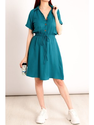 Armonika Kadın Petrol Beli Lastikli Kısa Kol Gömlek Elbise ARM-23Y001035