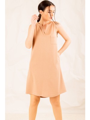 Armonika Kadın Bej Cepli Midi Boy Elbise ARM-19Y001122