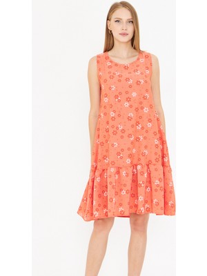 Armonika Kadın Turuncu-Beyaz Papatya Desen Kolsuz Eteği Fırfırlı Elbise ARM-22Y001123