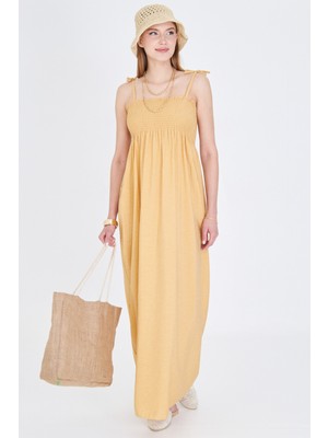 Armonika Kadın Sarı Askıları Bağcıklı Göğsü Gipe Lastikli Uzun Elbise ARM-25Y001069