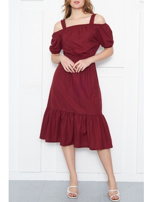 Armonika Kadın Bordo Beli Lastikli Askılı Elbise ARM-21K001214