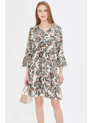 Armonika Kadın Kahve V Yaka Kolları Volanlı Beli Lastikli Elbise ARM-25Y001020