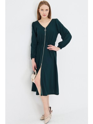 Armonika Kadın Zümrüt Ön Arka V Yaka Önden Fermuarlı Uzun Kol Midi Boy Elbise ARM-25Y001002