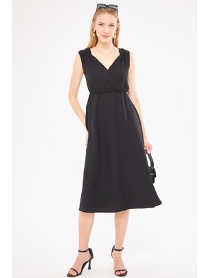Armonika Kadın Siyah Beli ve Omzu Lastikli Kruvaze Yaka Midi Boy Elbise ARM-24Y001072