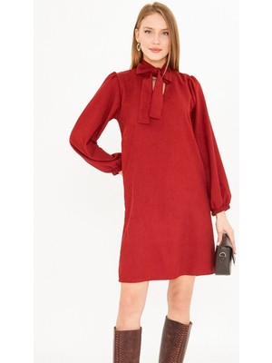 Armonika Kadın Kiremit Yakası Bağlamalı Kolları Lastikli Kadife Elbise ARM-25K001087