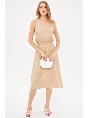 Armonika Kadın Bej Askılı V Yaka Beli Lastikli Midi Boy Desenli Kloş Elbise ARM-24Y001103