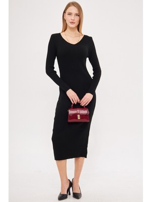 Armonika Kadın Siyah V Yaka Uzun Triko Elbise ARM-24K012012