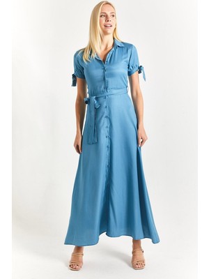 Armonika Kadın Indigo Kolu Bağlamalı Beli Kuşaklı Gömlek Elbise ARM-23Y001004