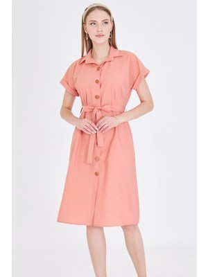 Armonika Kadın Somon Beli Kemerli Kısa Kol Gömlek Elbise ARM-25Y001065