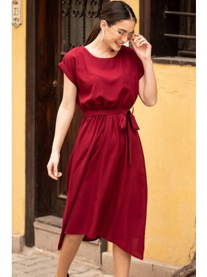 Armonika Kadın Bordo Beli Lastikli Bağlamalı Elbise ARM-18Y001120