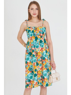 Armonika Kadın Turkuaz Askıları Bağcıklı Göğsü Gipe Lastikli Mini Elbise ARM-25Y001047