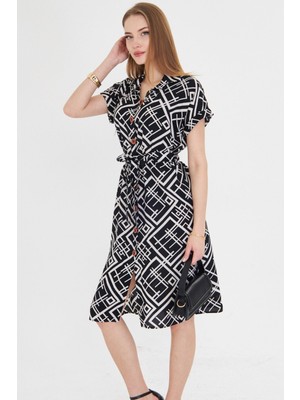 Armonika Kadın Beyaz-Siyah Desenli Beli Kemerli Kısa Kol Gömlek Elbise ARM-22Y001007