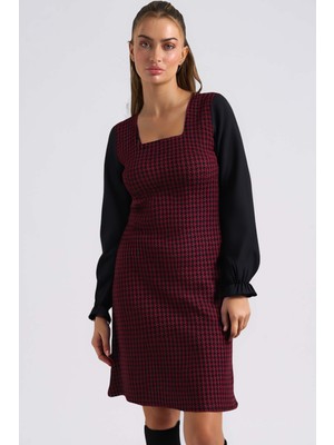 Armonika Kadın Bordo-Siyah Ekoseli Kare Yaka Uzun Kol Elbise ARM-22Y001182