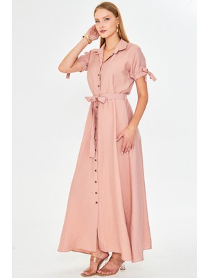 Armonika Kadın Somon Kolu Bağlamalı Beli Kuşaklı Gömlek Elbise ARM-23Y001004