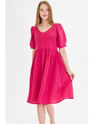 Armonika Kadın Fuşya U Yaka Kolları Lastikli Beli Büzgülü Midi Boy Elbise ARM-25Y001003