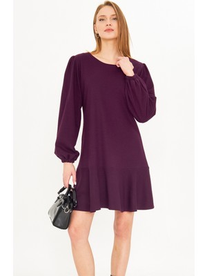 Armonika Kadın Mor Yuvarlak Yaka Eteği Volanlı Kolları Büzgülü Astarlı Kaşe Elbise ARM-25K001094