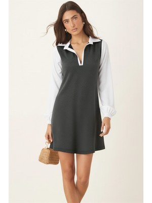 Armonika Kadın Yeşil Gömlek Yaka Uzun Kollu Mini Elbise ARM-25K001050