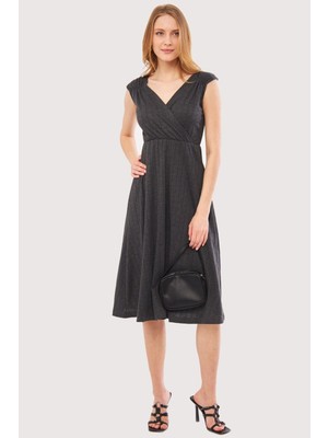 Armonika Kadın Füme Beli ve Omzu Lastikli Eteği Kruvaze Yaka Midi Boy Elbise ARM-24Y001017