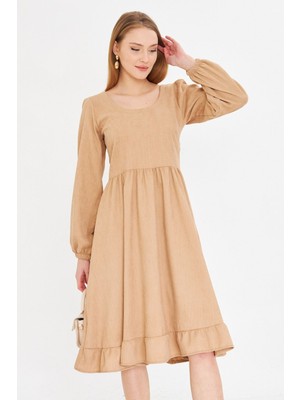 Armonika Kadın Bej U Yaka Arkası Fermuarlı Beli Lastikli Midi Boy Kadife Elbise ARM-25K001103