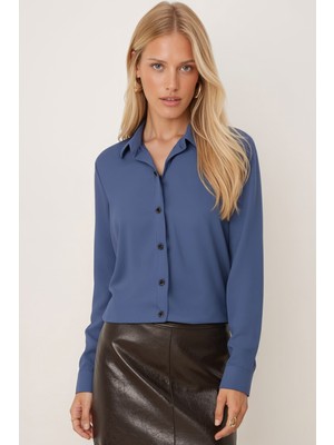 Armonika Kadın Indigo Uzun Kollu Düz Gömlek ARM-18Y001176