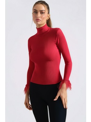 Armonika Kadın Kırmızı Balıkçı Yaka Kolucu Tüylü Triko Kazak ARM-26K136038