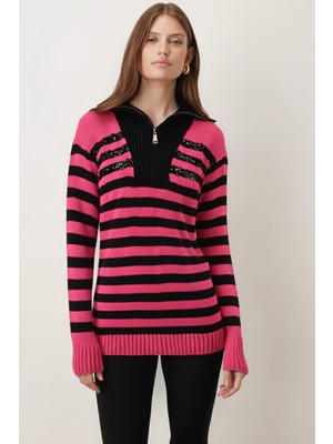 Armonika Kadın Pembe Yakası Fermuar Detaylı Pullu Triko Kazak ARM-26K136035