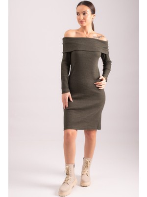 Armonika Kadın Haki Madonna Yaka Vücuda Oturan Fitilli Kaşkorse Elbise ARM-24K001070