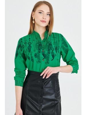 Armonika Kadın Yeşil Hakim Yaka Desenli Gömlek ARM-25Y001013