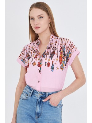 Armonika Kadın Pudra Hakim Yaka Kısa Kollu Gömlek ARM-25Y001040