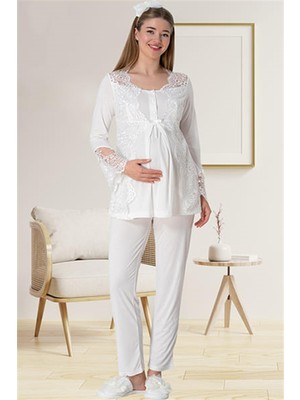 Mecit Pijama Mecit 5015 Dantelli Ekru Lohusa Pjama Takımı