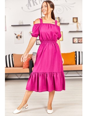 Armonika Kadın Fuşya Beli Lastikli Askılı Elbise ARM-21K001214