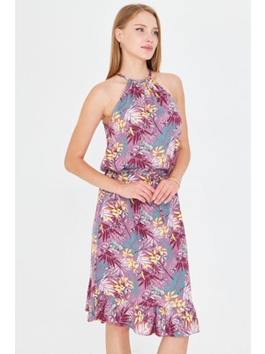 Armonika Kadın Gül Kurusu Boyundan Bağlamalı Beli Kuşaklı Eteği Fırfırlı Elbise ARM-23Y001112